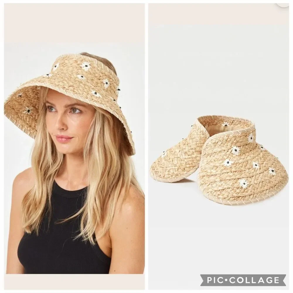 L*SPACE  Abbey Rollup floral embroidered straw Visor Hat - Natural
